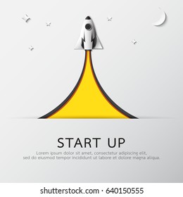Business rocket start up idea concept with paper art style on white background.Vector illustration.