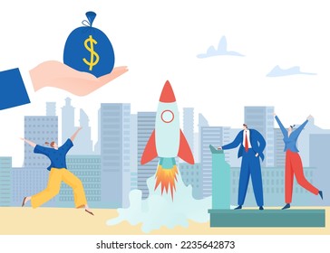 Business rocket startup concept, vector illustration, success people man woman character launch innovation technology, creative project.