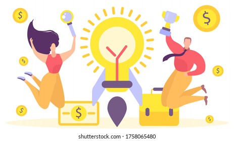 Business rocket work idea, vector illustration. Team project banner concept, creative people character make new startup. Cartoon businessman graphic innovation, success bulb design.