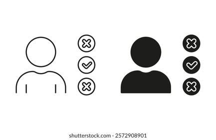 Business Roles, Flowchart of Work Responsibility Pictogram. Management Organization Line and Silhouette Icon Set. Man with Job Duty Checklist Symbol. Editable Stroke. Isolated Vector Illustration.