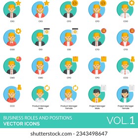 Business Roles and Positions Icons including Accountant, Administrator, Agent, Analyst, Assistant, Associate, Board of Directors, CCO, CEO, CFO, Chairman, CIO, CMO, Company, Consultant, HR, Specialist