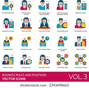 Business Roles and Positions Icons including Accountant, Administrator, Agent, Analyst, Assistant, Associate, Board of Directors, CCO, CEO, CFO, Chairman, CIO, CMO, Company, Consultant, HR, Specialist