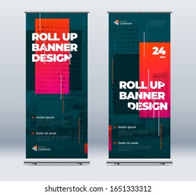 Business Roll Up Banner. Abstract Roll up background for Presentation. Vertical roll up, x-stand, exhibition display, Retractable banner stand or flag design layout for conference, forum.