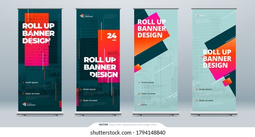 Business Roll Up Banner. Abstract Roll up background for Presentation. Vertical roll up, x-stand, exhibition display, Retractable banner stand or flag design layout for conference, forum.