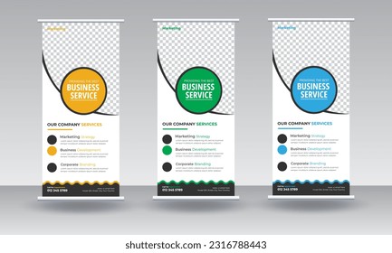 Business roll up banner design for business events, annual meetings, presentations, marketing, promotions, with red, blue, green, orange, and purple print ready colors