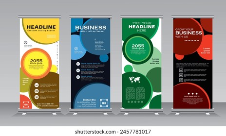 Business roll up banner design for events, annual meetings, presentations, marketing, promotions, red, blue, green, and yellow print ready colors