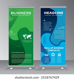 Business roll up banner design for business, events, party, welcome, annual meetings, presentations, marketing, promotions, with blue and green colour, print ready banner template, vector eps 10