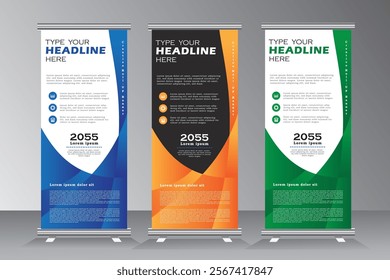 Business roll up banner design for events, annual meetings, presentations, marketing, promotions, blue, green, and yellow print ready colors