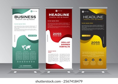 Business roll up banner design for events, annual meetings, presentations, marketing, promotions, red, blue, and yellow print ready colors