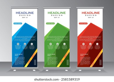 Business roll up banner design for events, annual meetings, presentations, marketing, promotions, red, blue, green colour with gold line print ready design, 