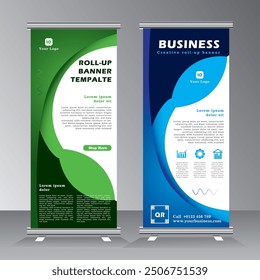 Business roll up banner design with green and blue colour, Vertical banner design, standee template for business, Modern vector banner. print ready roll up banner design,