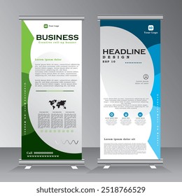 Business Roll Up banner design with green and blue, Standee Design template , Vertical Banner Template with green and blue color. Vector banner design, Vector eps 10