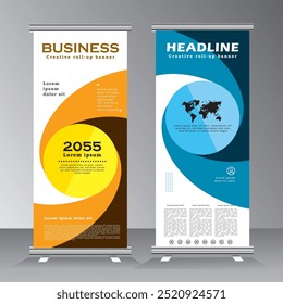 Business roll up banner design with orange and blue colour, corporate roll up banner template Design. marketing agency vertical roll up banner design. vector eps 10