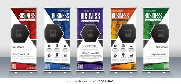Business roll up banner design for presentations, annual meeting, events, promotions with print ready design for x banner x stand with red, blue, purple, orange and green colors