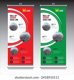 Business roll up banner design with red, green, and print ready colors for business events, annual meetings, presentations, marketing, promotions
