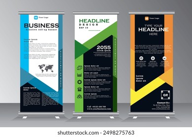 Negocio roll up diseño de Anuncio con color amarillo, azul y verde, Plantilla de Anuncio de Vertical de Vector, enrollar Plantilla de Anuncio, Plantilla de Anuncio standee, moderno Pull up, Anuncio x.