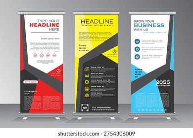 Business roll up banner design set with yellow, blue and red colour, vector vertical banner template, roll up banner template, standee banner template,