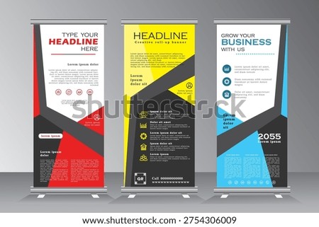 Business roll up banner design set with yellow, blue and red colour, vector vertical banner template, roll up banner template, standee banner template,