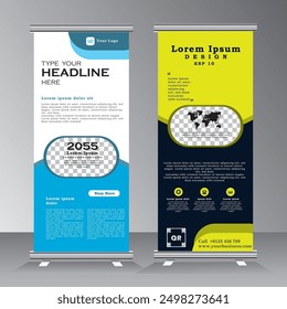 Business roll up banner design template for event, project, promotion, vertical banner template with blue and yellow colour, vector eps 10, print ready banner