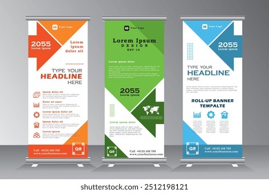 Modelo de design de banner de resumo de negócios com cores laranja, verde e azul, conjunto de vetores de banners geométricos abstratos para sua empresa, modelo de banner de apresentação abstrata, modelo de banner pronto para impressão