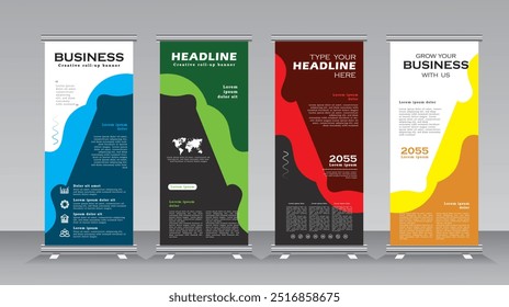 Modelo de design de banner de rolo de negócios, vertical, banner de fundo abstrato corporativo, design pull up, moderno conjunto de banner tamanho retângulo, pull up, banner x, eps vetor 10,