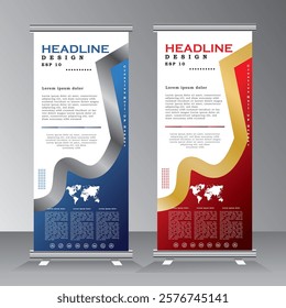 Business roll up banner design template with blue and red color, Vertical banner template with silver and gold line, pull up, sandees, for event, project, exhibition,