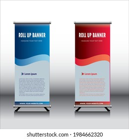 business roll up banner design, vector template, eye catching red and blue colors, eps 10 file, double design 
