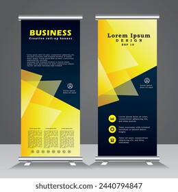 Business roll up banner design, yellow color roll up banner template, X-banner, standee, stand banner, vertical banner design, vector eps 10