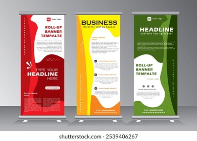 Business roll up banner desing in red, yellow and green print ready colours, vetical banner template, roll up bannner for project, event, presentation, conferance, meeting, Vector eps 10