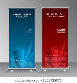Business roll up banner modern design template, Abstrct vertical banner for business with blue and red colour, flyer, infographics, modern x-banner and banner advertising, vector illustration