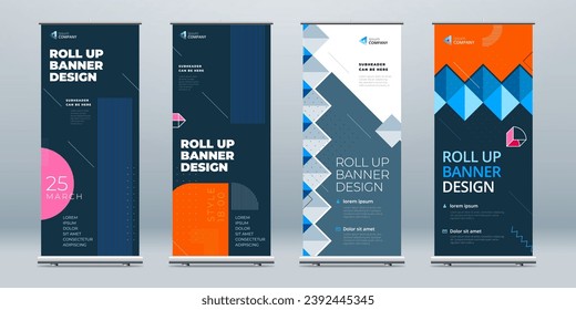 Business Roll Up Banner Set Abstract Roll up background for Presentation. Vertical rollup, x-stand, exhibition display, Retractable banner stand or flag design layout for conference, forum.