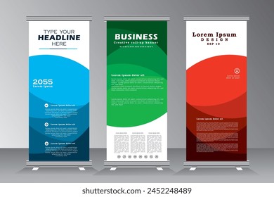 Business Roll Up Banner Set, vertikale Banner Vorlage, Präsentation und Broschüre. Vektorillustration. Rollup Banner mit Blau, Grün, Rot. Stand Vorlage Design