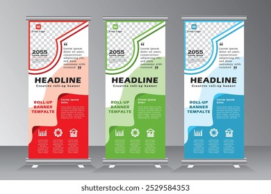 Business Roll Up banner set, vertical banner template, Vector banner illustration. roll up banner with print ready color blue, green, red. stand template with three points, steps, design,