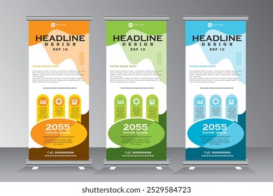 Business Roll Up banner set, modelo de banner vertical, ilustração de banner de vetor. roll up banner com impressão pronta cor azul, verde, laranja. modelo de suporte com três pontos, etapas, design,