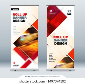 Business Roll Up Banner stand. Abstract Roll up background for Presentation. Vertical roll up, x-stand, x-banner, exhibition display, banner stand or flag design layout. Poster for conference, forum