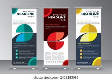 Business roll up banner stand design template with multi colors, vertical banner for exhibition, fair, show, exposition, expo, presentation, festival, parade, events. roll up banner, pull up,