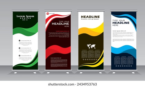Business roll up banner stand design template with multi colors, vertical banner for exhibition, fair, show, exposition, expo, presentation, festival, parade, events. roll up banner, pull up, Vector