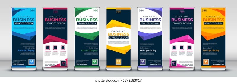  Business Roll Up Banner Stand Poster set in red, green, blue, yellow, orange, purple, orange for events, presentations, meetings, annual events