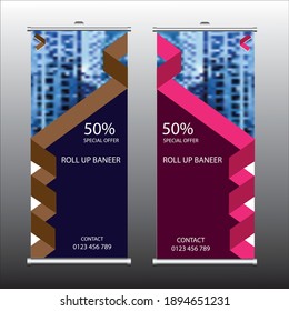 Bannerstand für Business Roll Up. Darstellungskonzept. Abstrakter, moderner Roll-up-Hintergrund. Vertikale Aufrollvorlagenplakette, Bannerständer. für kommerzielle und private Projekte.
