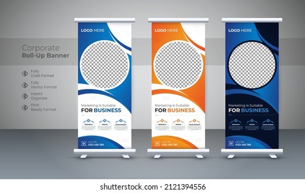 Business Roll Up Banner stand. Presentation concept. pull up Abstract modern Vertical template for  billboard, flag layout. Can be adapt to Flyer or Poster for conference, forum, shop, advertisement. 