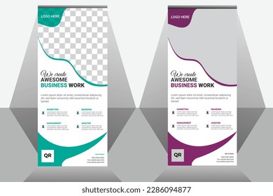 Business Roll Up Banner stand. Presentation concept. Abstract modern roll up background. Vertical roll up template billboard, banner stand or flag design layout. Poster for conference, forum, shop.