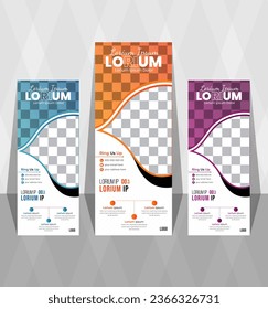 Banner de Roll Up Empresarial. Concepto de presentación. Resumen de fondo moderno. Cartel de la plantilla de desplazamiento vertical, soporte de banner o diseño de bandera. Cartel de la conferencia, foro, tienda