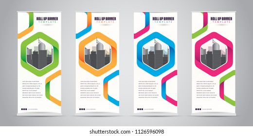 Business Roll Up Banner Standee Design with 4 Various Color Template. Vector Illustration.