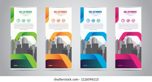 Business Roll Up Banner Standee Design with 4 Various Color Template. Vector Illustration.