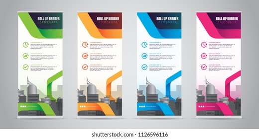 Business Roll Up Banner Standee Design with 4 Various Color Template. Vector Illustration.