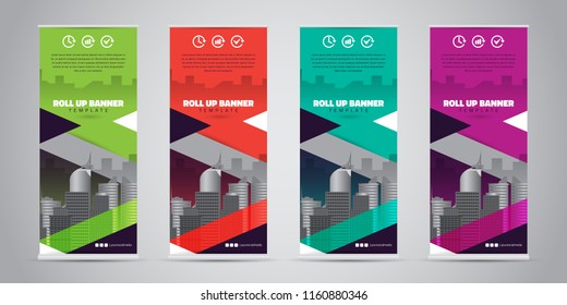 Business Roll Up Banner. Standee Design. Banner Template. 4 Various Color Set - Vector illustration