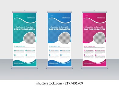 Business Roll Up Banner. Standee Design. Banner Template. Presentation and Brochure. Abstract Organic Shapes Background Vector, X-Stand, X-Banner, Exhibition Display