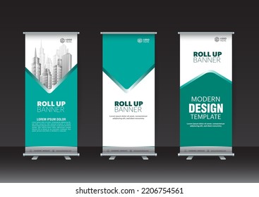 Business Roll Up banner. Standee Design. Banner Template, Abstract green Geometric  Background vector, flyer, presentation, leaflet, j-flag, x-stand, x-banner, exhibition display