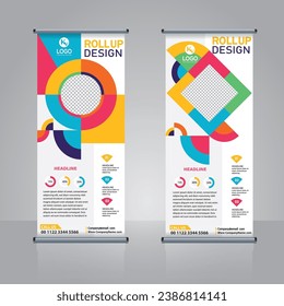 Business Roll Up banner. Standee Design with geometric shapes. colorful Bauhaus roll up banner design .