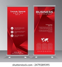 Diseño de Plantilla de Anuncio de enrollamiento de negocios para su evento, banner de Vertical, moderno x-Anuncio con rojo, publicidad de Anuncio de los hombres de negocios. enrollar Plantilla de Vector,